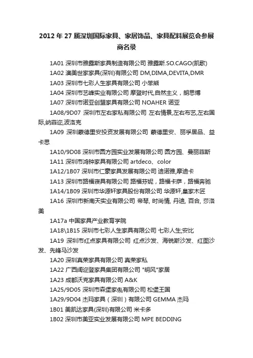 2012年27届深圳国际家具、家居饰品、家具配料展览会参展商名录