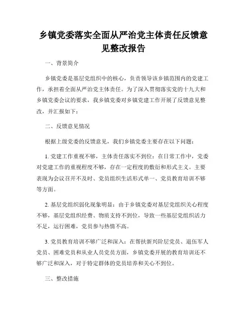 乡镇党委落实全面从严治党主体责任反馈意见整改报告