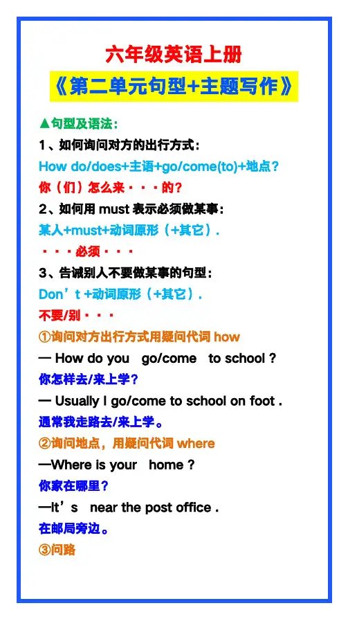 小学六年级英语上册《第二单元句型+主题写作》汇总,收藏可参考