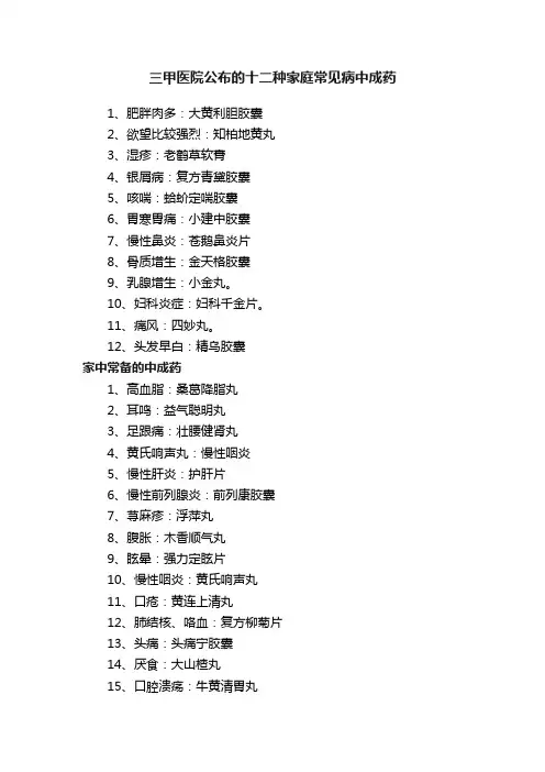 三甲医院公布的十二种家庭常见病中成药