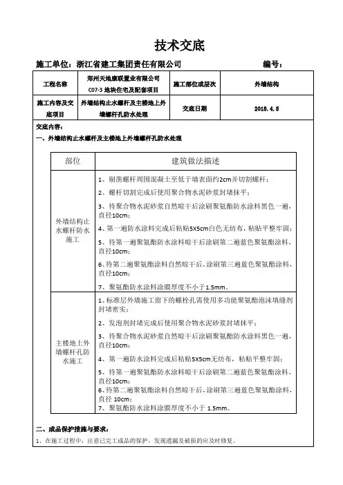 外墙结构止水螺杆及主楼地上外墙螺杆孔防水处理