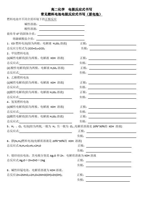 高二化学  电极反应式书写