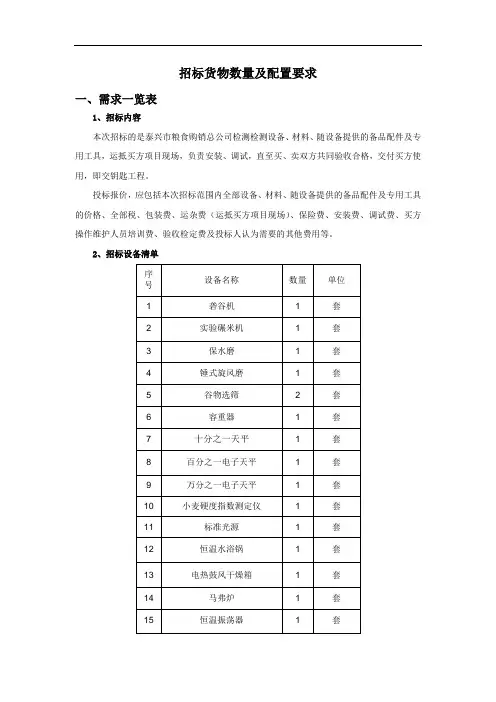 招标货物数量及配置要求