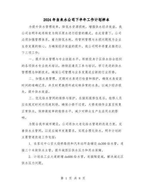 2024年自来水公司下半年工作计划样本（五篇）