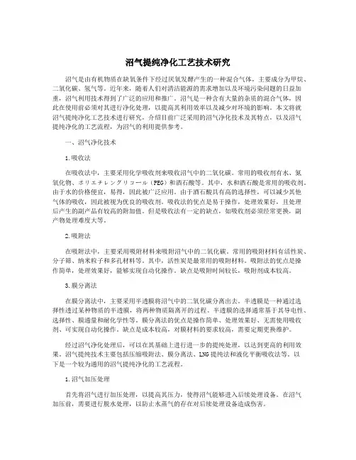 沼气提纯净化工艺技术研究