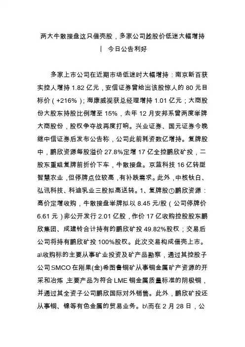两大牛散接盘这只借壳股,多家公司趁股价低迷大幅增持 丨 今日公告利好