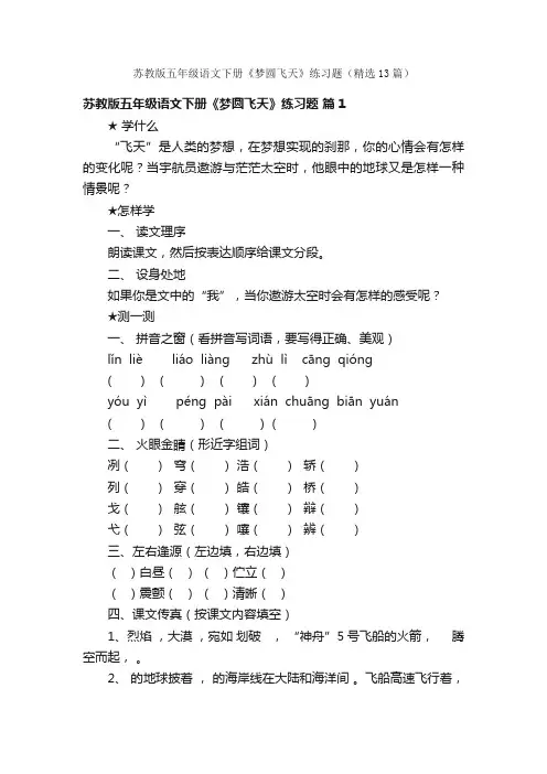 苏教版五年级语文下册《梦圆飞天》练习题（精选13篇）