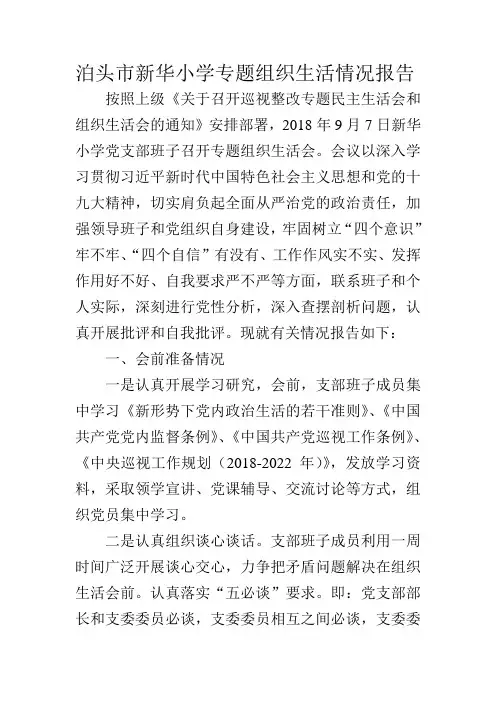 泊头市新华小学专题组织生活情况报告