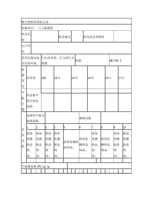大肠菌群检测原始记录(平板法)