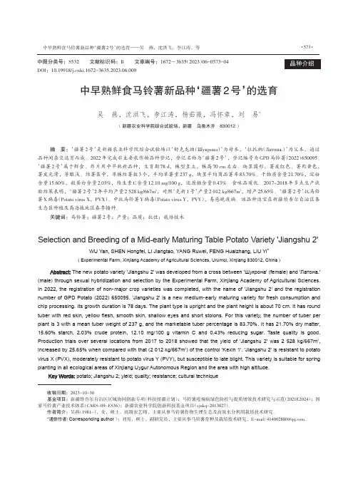中早熟鲜食马铃薯新品种‘疆薯2号’的选育