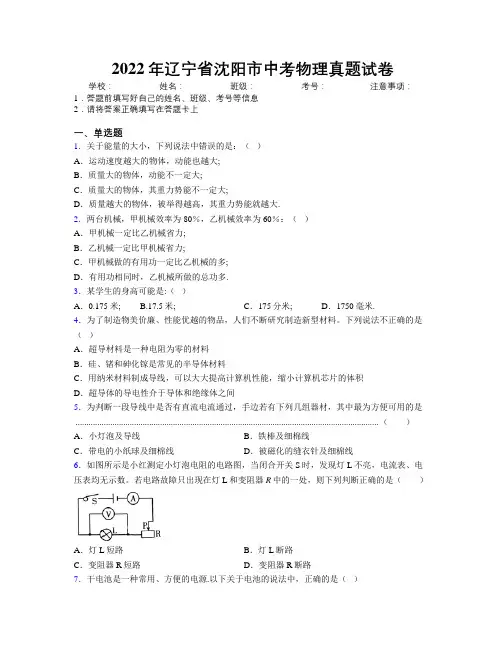 2022年辽宁省沈阳市中考物理真题试卷附解析