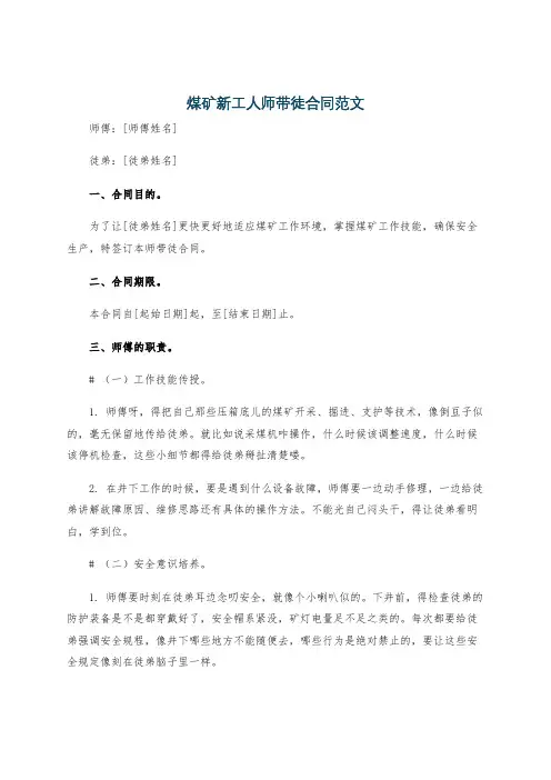 煤矿新工人师带徒合同范文