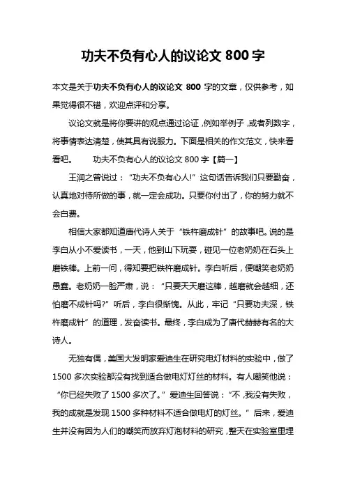 功夫不负有心人的议论文800字