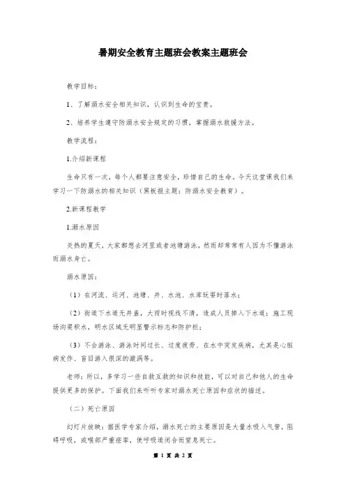 暑期安全教育主题班会教案主题班会