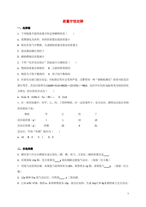 中考化学专题练习 质量守恒定律(含解析)