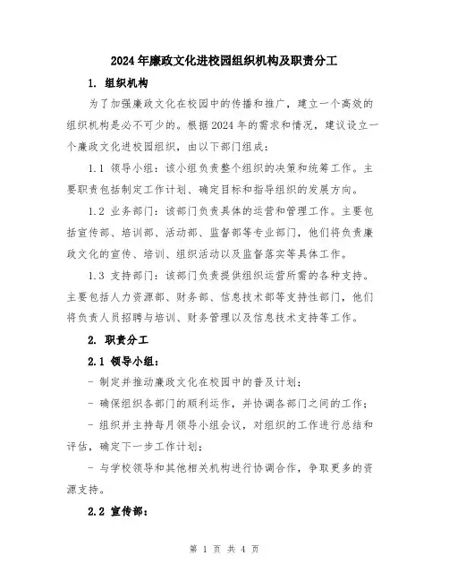 2024年廉政文化进校园组织机构及职责分工