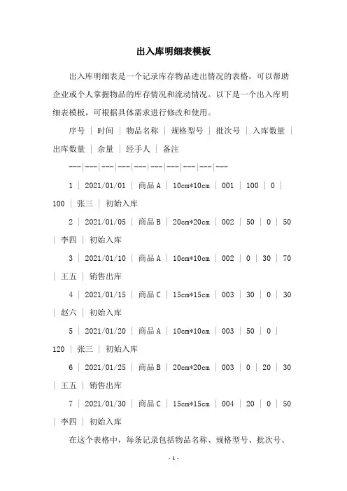 出入库明细表模板