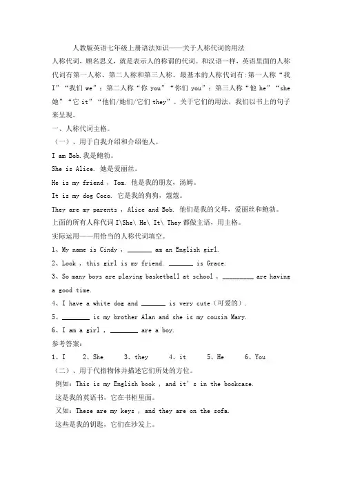 人称代词的用法总结人教版英语七年级上册