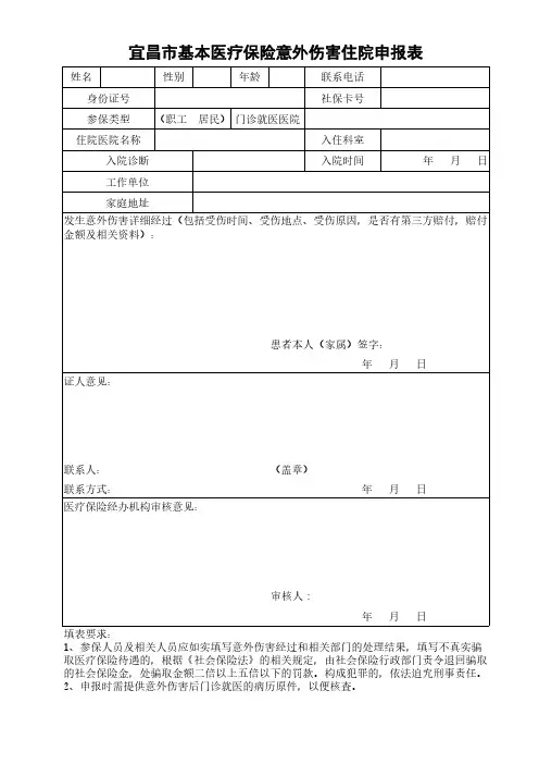 宜昌市基本医疗保险意外伤害住院申报表