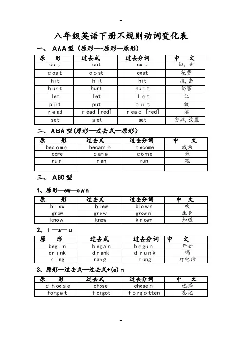 八年级下册英语不规则动词变化表