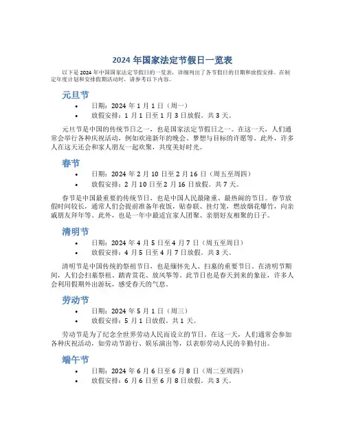 2024年国家法定节假日一览表