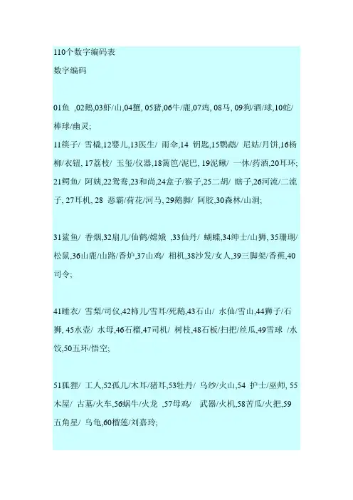 110个数字编码表