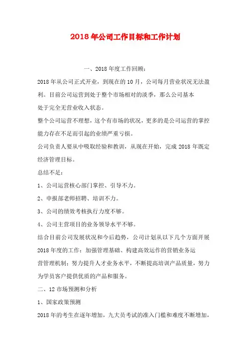 2018年公司工作目标和工作计划
