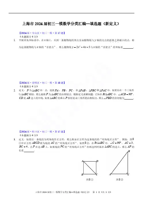 2024届上海初三一模数学各区填选题(新定义)