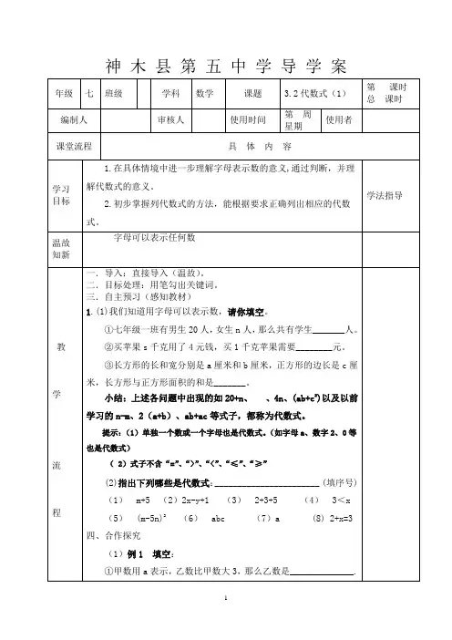 北师大版七年级数学上册代数式1导学案