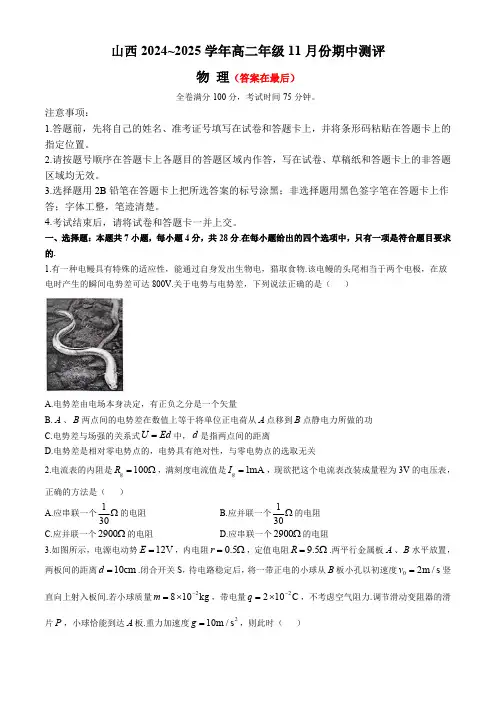 山西省运城市2024-2025学年高二上学期11月期中考试 物理含答案