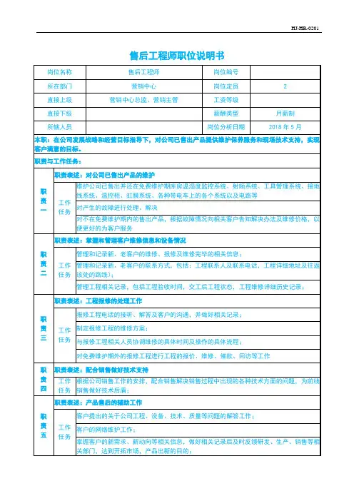 售后工程师职位说明书