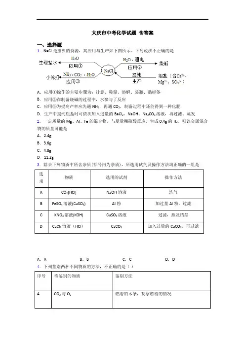 大庆市中考化学试题 含答案