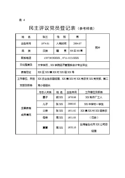 民主评议党员登记表(参考样表)4