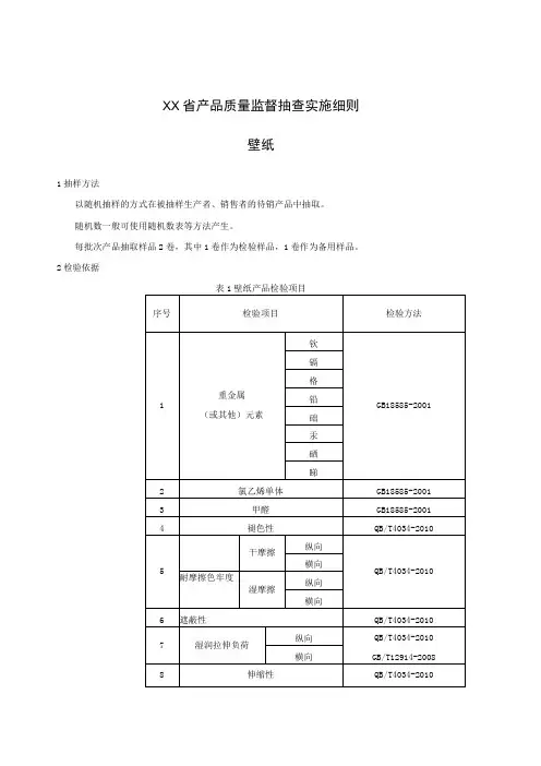 产品质量监督抽查实施细则——壁纸