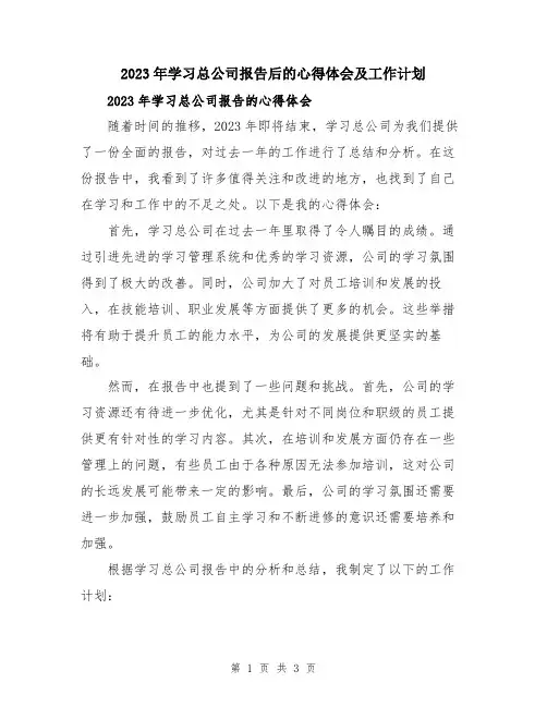 2023年学习总公司报告后的心得体会及工作计划