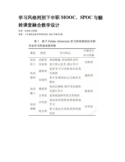 学习风格判别下中职MOOC、SPOC与翻转课堂融合教学设计