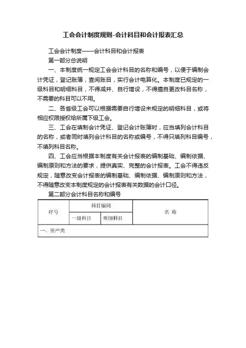 工会会计制度规则-会计科目和会计报表汇总