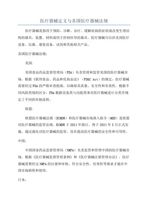 医疗器械定义与各国医疗器械法规