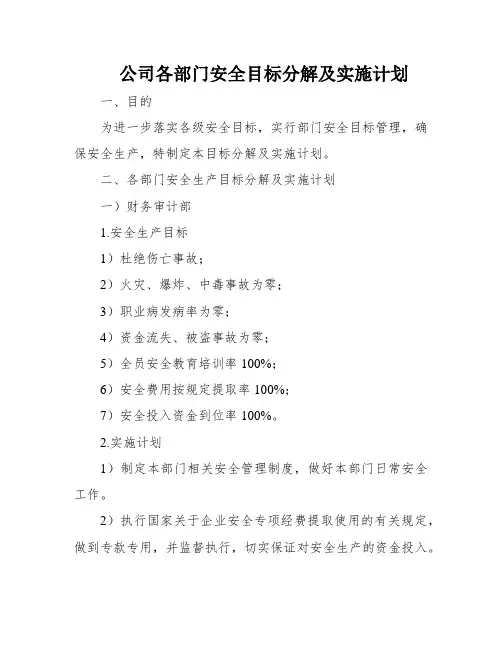 公司各部门安全目标分解及实施计划