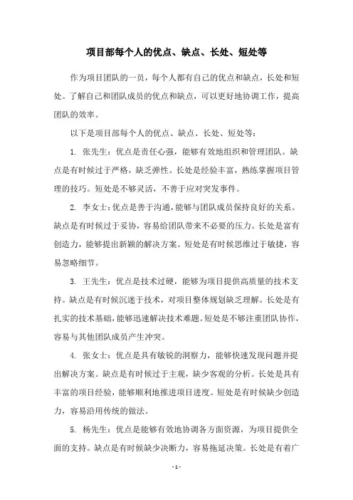 项目部每个人的优点、缺点、长处、短处等