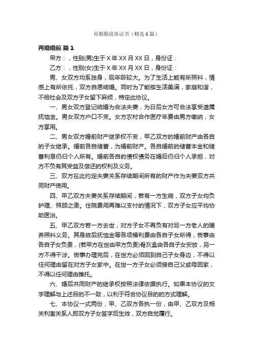 再婚婚前协议书（精选6篇）
