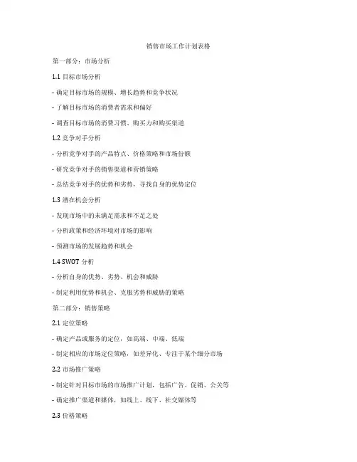 销售市场工作计划表格
