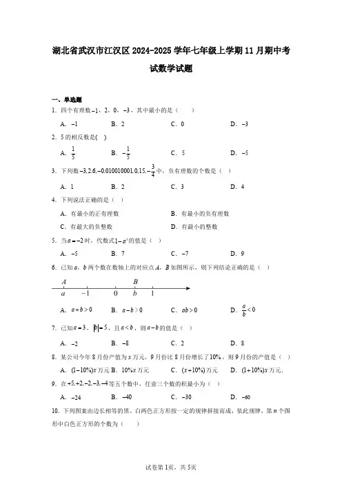 湖北省武汉市江汉区2024-2025学年七年级上学期11月期中考试数学试题