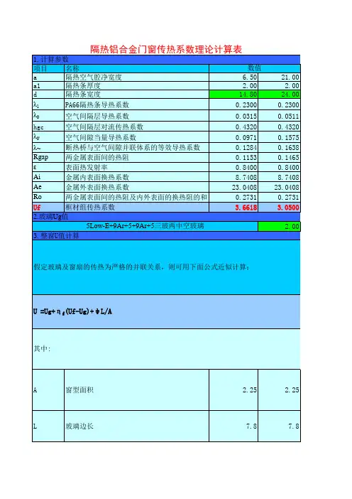 隔热铝合金门窗传热系数理论计算表