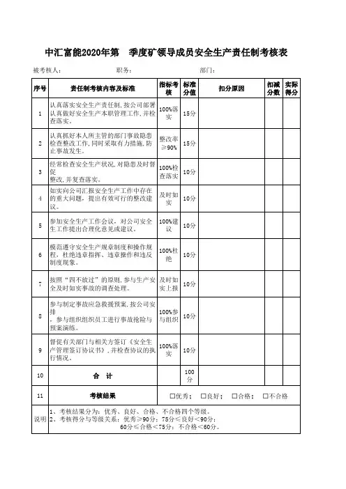 2020-煤矿标准化-安全生产责任制 矿领导成员 考核表(最新最全)