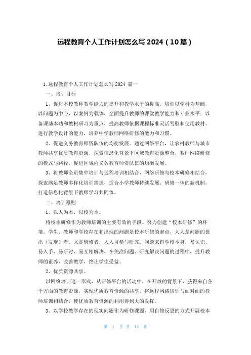 远程教育个人工作计划怎么写2024(10篇)