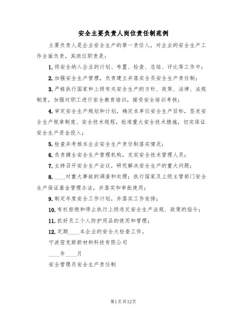 安全主要负责人岗位责任制范例(5篇)
