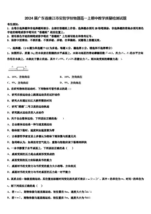 2024届广东省廉江市实验学校物理高一上期中教学质量检测试题含解析