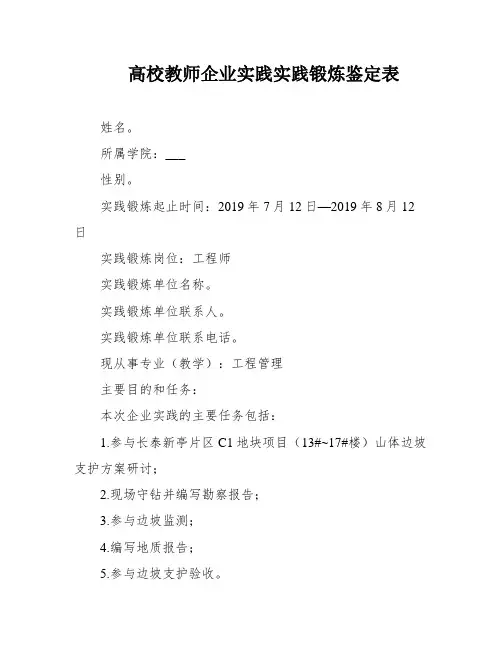 高校教师企业实践实践锻炼鉴定表