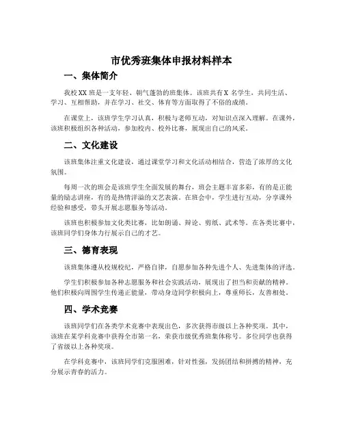 市优秀班集体申报材料样本